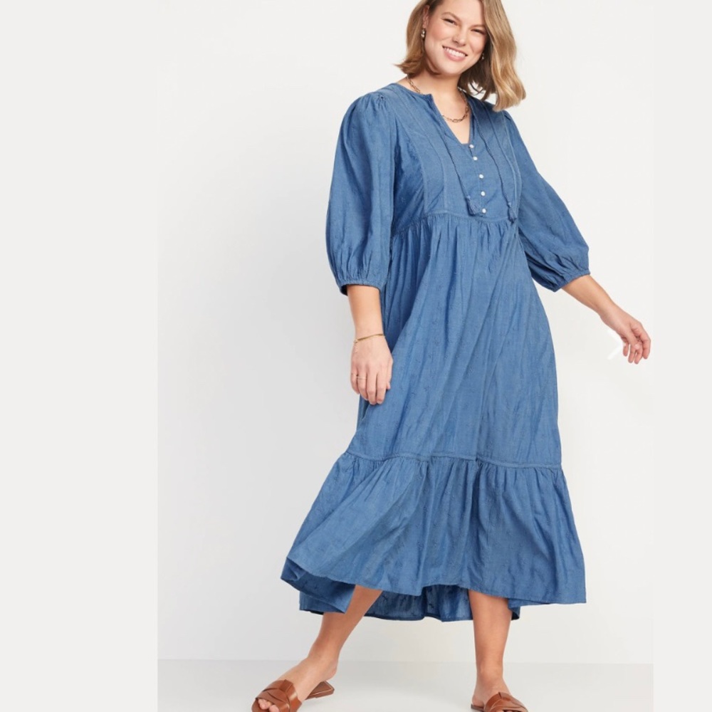 Old Navy Women's Blue 3/4 Sleeve All-Day Midi Swing Dress - NWT